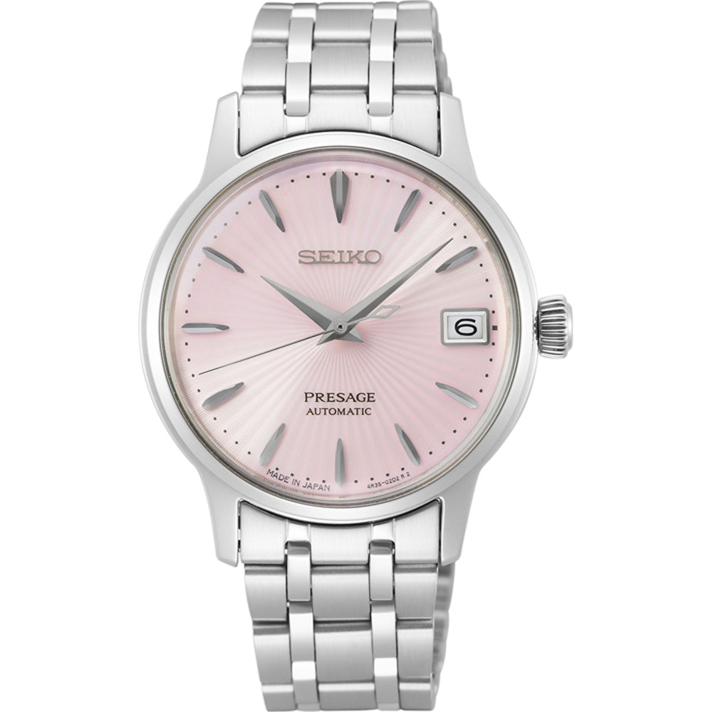 Damenarmbanduhr von Seiko mit silbernem Gehäuse, rosa Zifferblatt und Datumsanzeige
