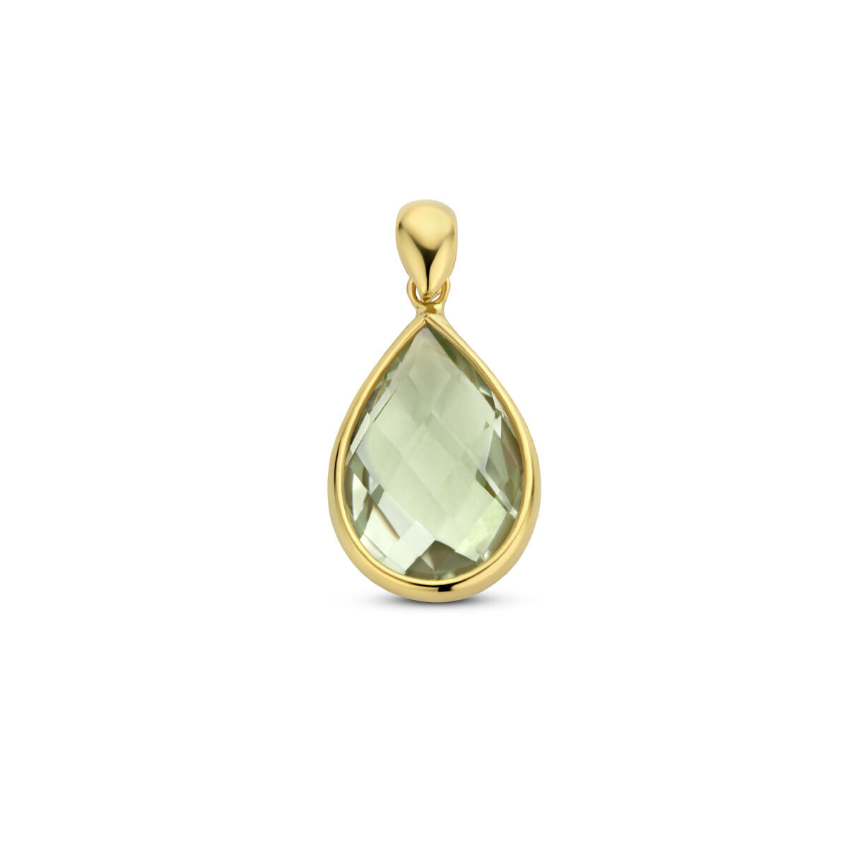 Hänger aus 14K Gelbgold mit tropfenförmigem, grünem Amethyst und facettierter Oberfläche