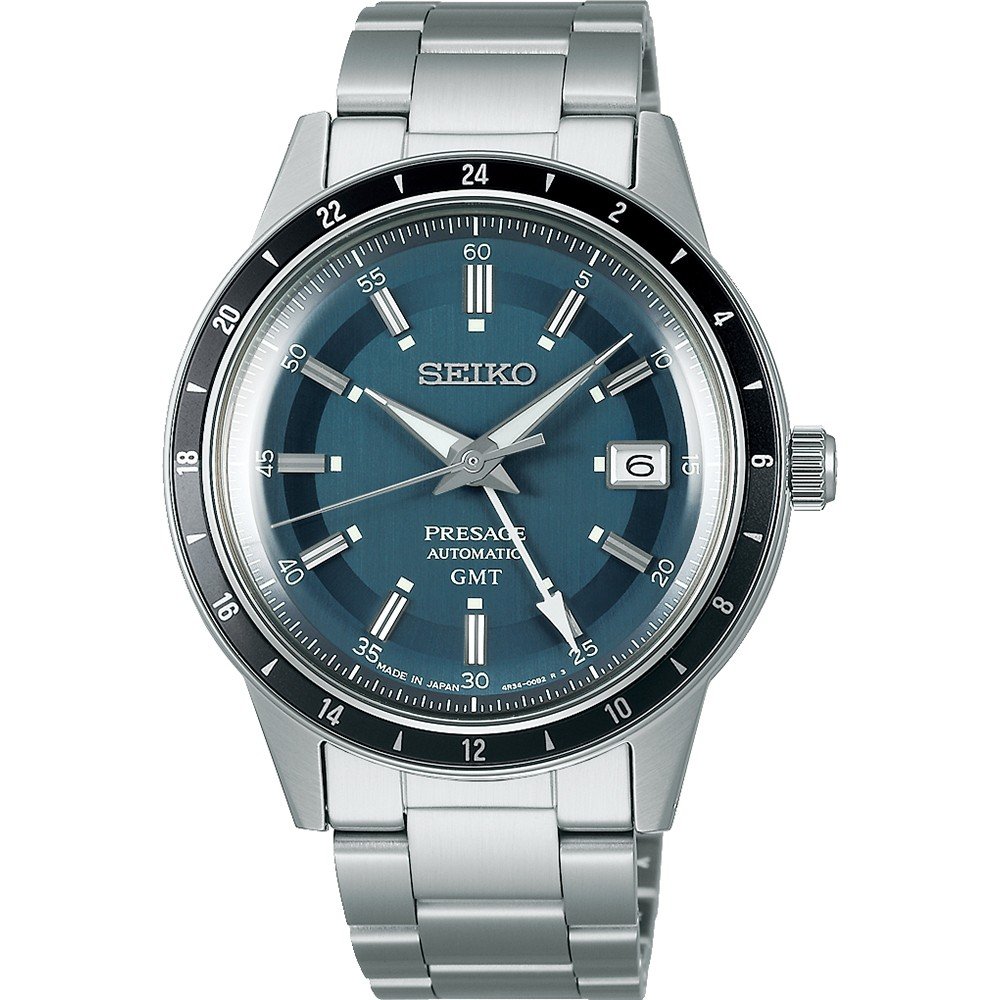 Herrenarmbanduhr mit blauem Zifferblatt, Edelstahlgehäuse und -armband, GMT-Funktion und schwarzer Lünette