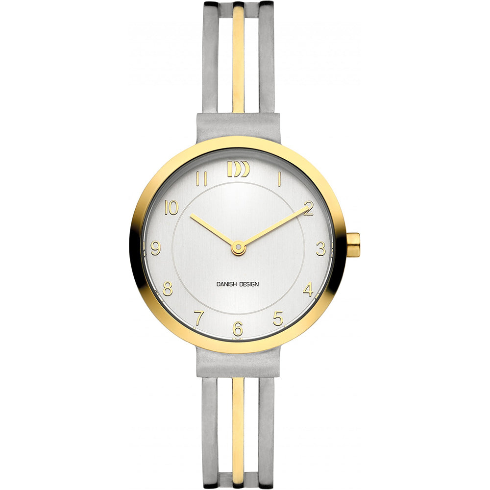 Uhr mit silbernem Gehäuse, weißem Zifferblatt und goldenen Akzenten, ausgestattet mit einem grauen Armband.