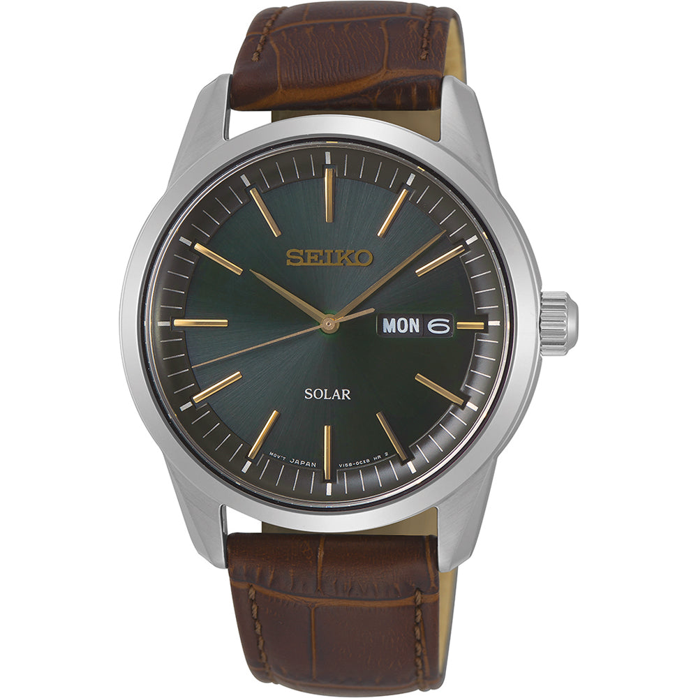 Herren Solar-Uhr mit grünem Zifferblatt, silbernem Gehäuse und braunem Lederarmband