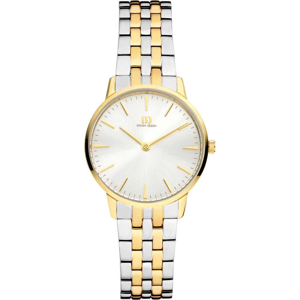 Uhr mit silbernem und goldenem Gehäuse, weißem Zifferblatt und glattem Armband
