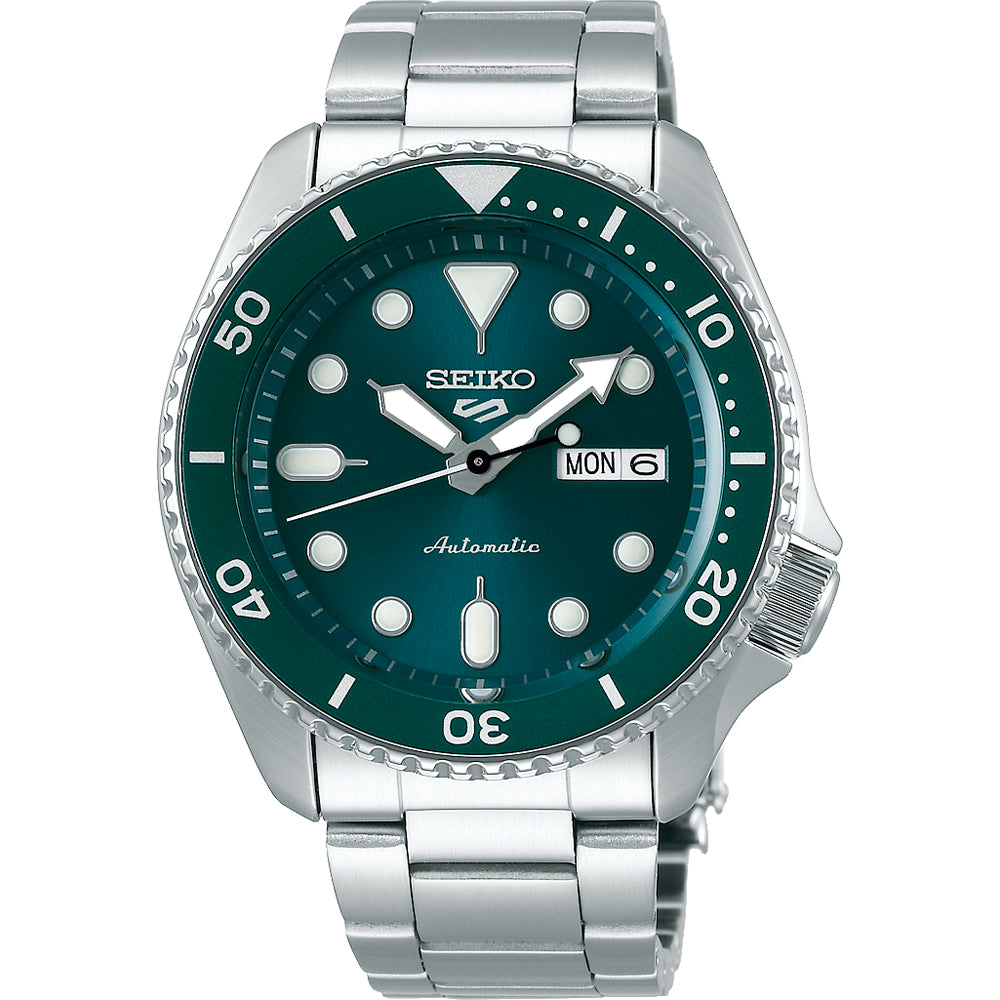 Herrenarmbanduhr Seiko 5 Sports mit grünem Zifferblatt, Edelstahlgehäuse und -armband, Datumsanzeige