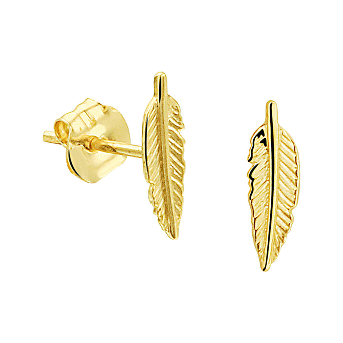 Ohrstecker in Form einer Feder aus 14K Gelbgold mit feinen Details und glänzender Oberfläche