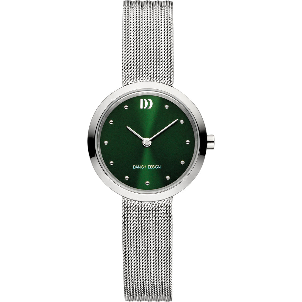 Uhr mit grünem Zifferblatt, silbernem Gehäuse und Mesh-Armband, besetzt mit Strasssteinen