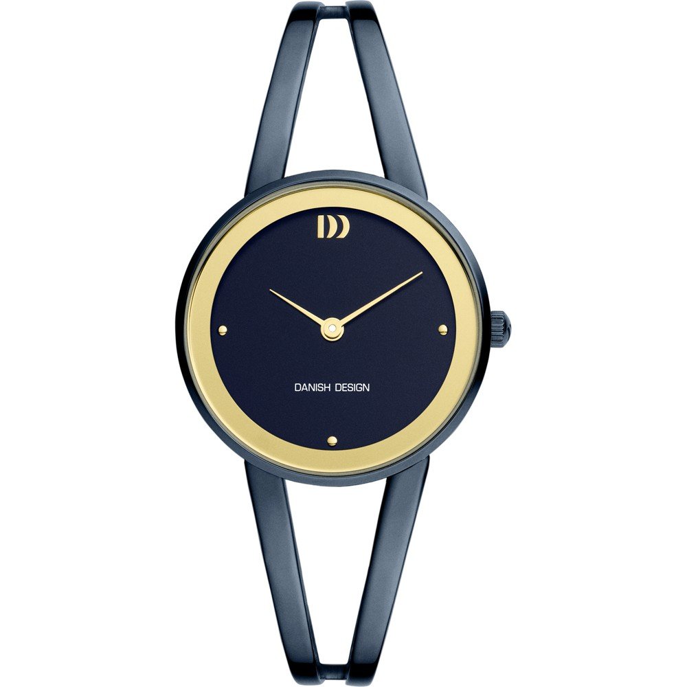 Dameuhr mit schwarzem Zifferblatt und goldfarbener Lünette, schmalem Armband in Schwarz