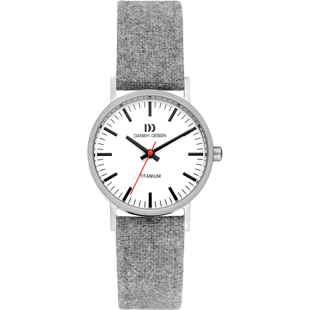Uhr mit silbernem Gehäuse, weißem Zifferblatt und grauem Textilarmband