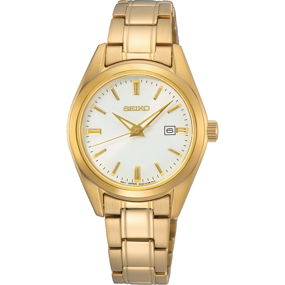 Damenarmbanduhr mit goldenem Gehäuse, weißem Zifferblatt und goldenem Armband