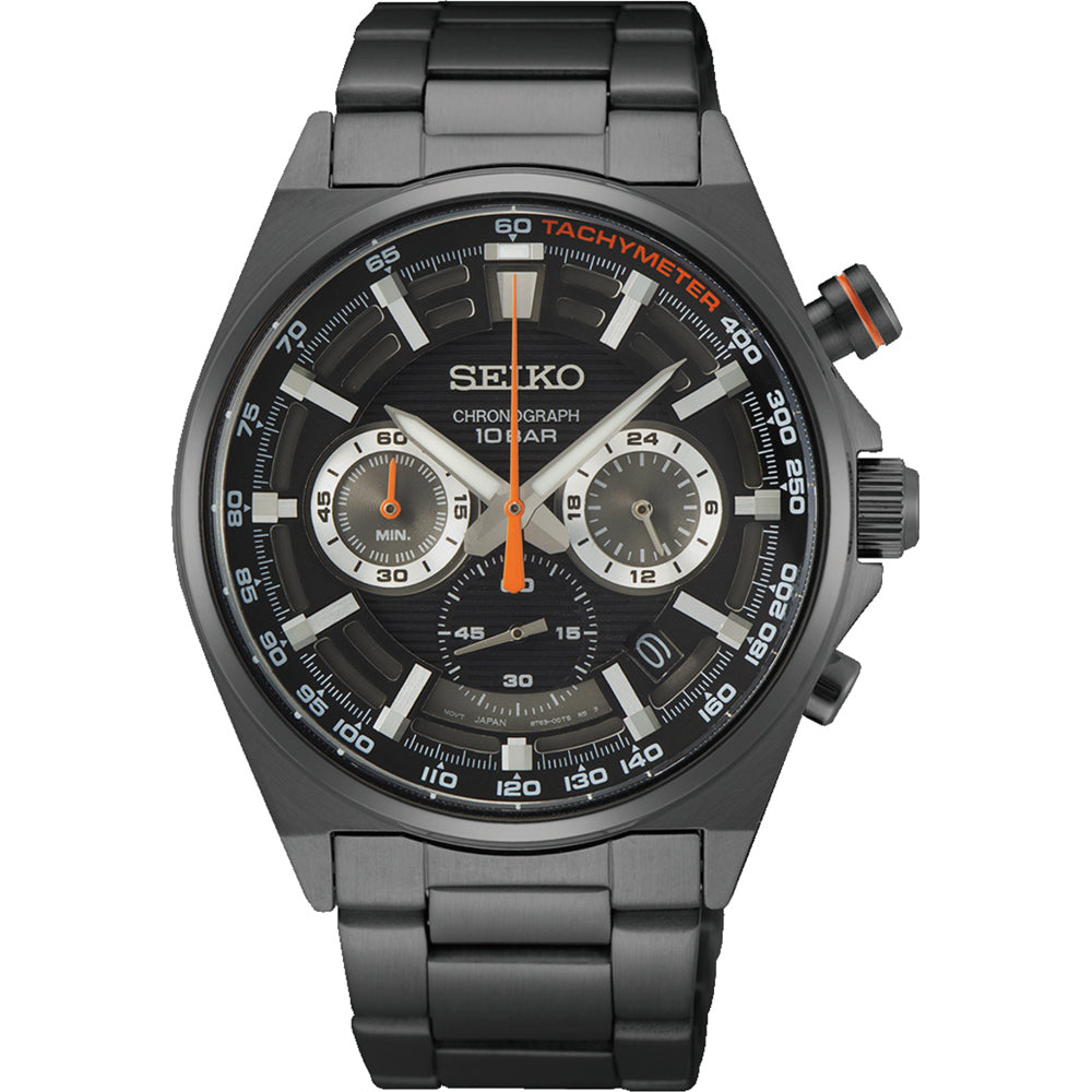 Herrenchronograph mit schwarzem Zifferblatt, schwarzem Gehäuse und schwarzem Armband aus Edelstahl