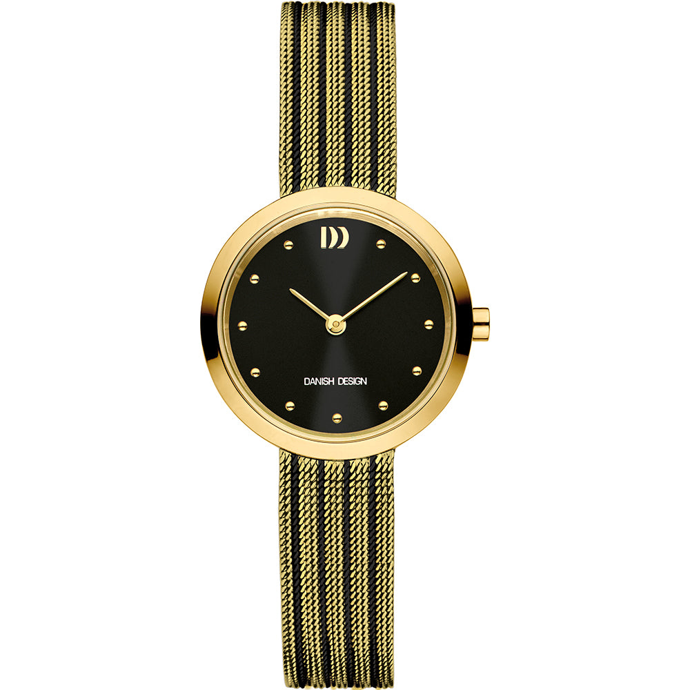 Dameuhr mit schwarzem Zifferblatt, goldfarbenem Gehäuse und Mesh-Armband