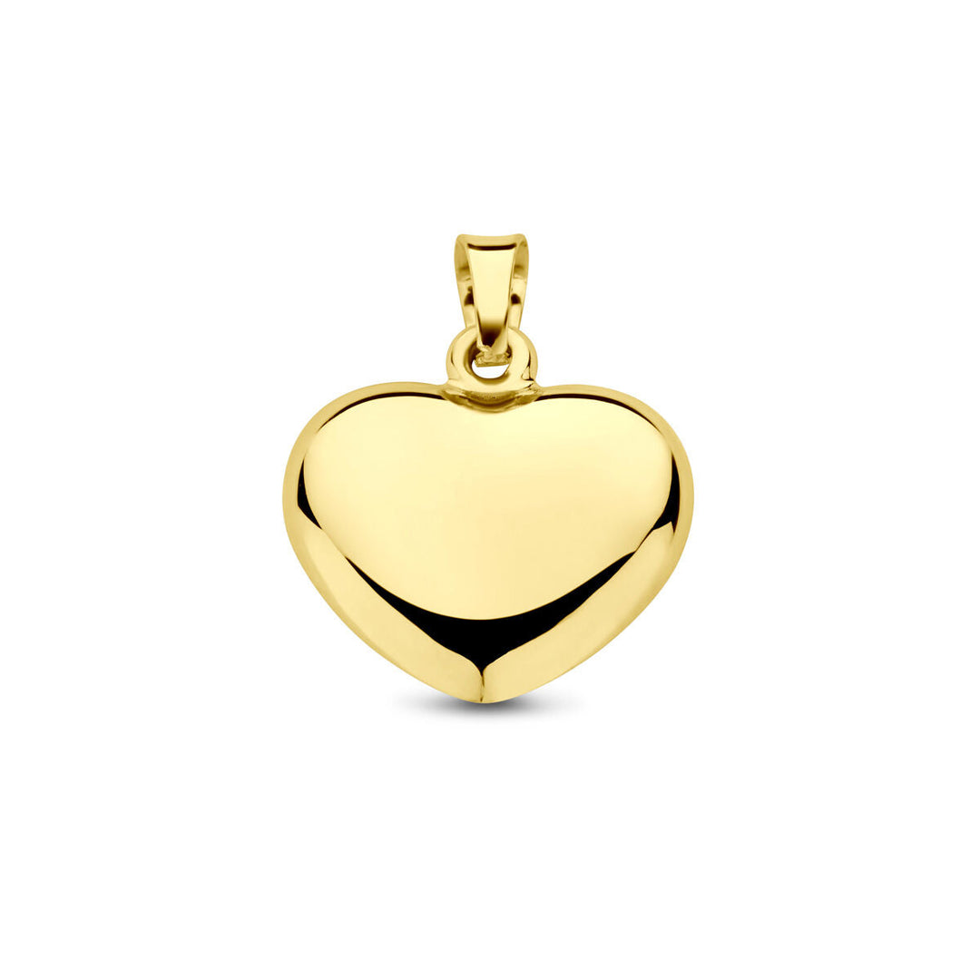 De hanger hart 14K geelgoud van Van der Kooij Collectie heeft een gepolijste, glanzende hartvorm met een glad oppervlak en een klein lusje, ideaal voor halskettingen-een perfect valentijnscadeau, afgebeeld op een witte achtergrond.