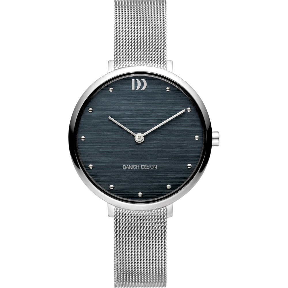 Uhr mit blauem Zifferblatt, silbernem Gehäuse und Mesh-Armband, mit Strasssteinen als Indizes