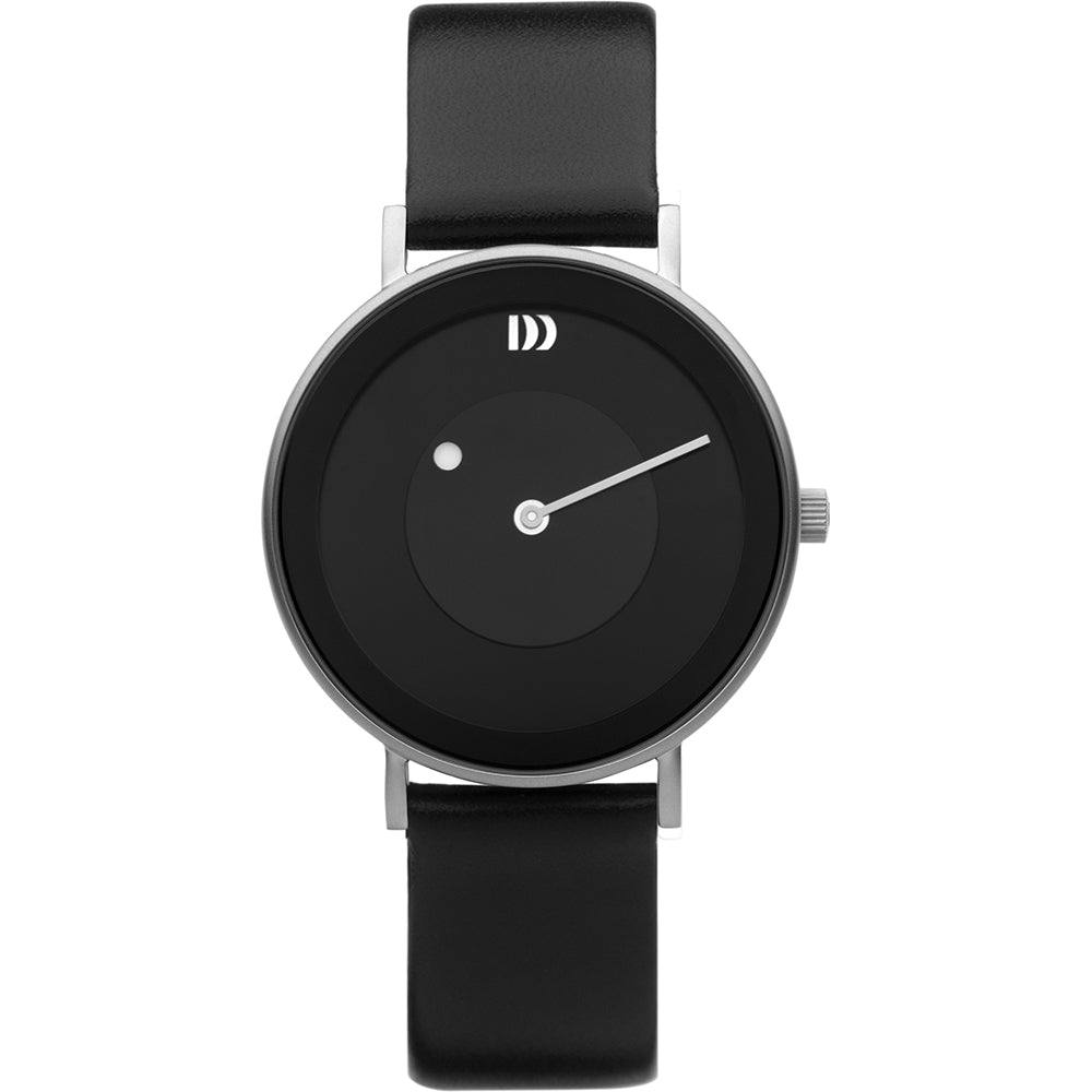 Uhr mit schwarzem Zifferblatt, silbernem Gehäuse und schwarzem Lederarmband