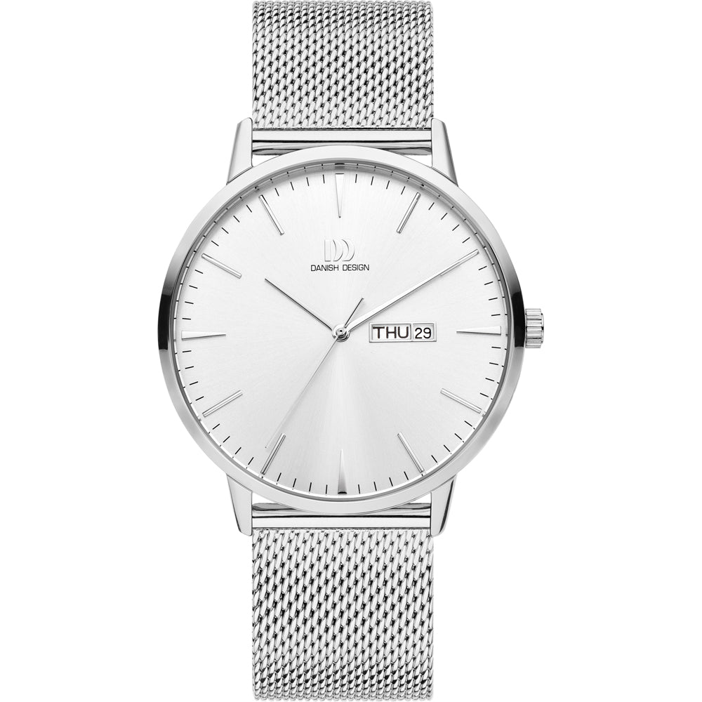 Uhr mit silbernem Gehäuse, silbernem Zifferblatt und Mesh-Armband, Datumsanzeige am Zifferblatt