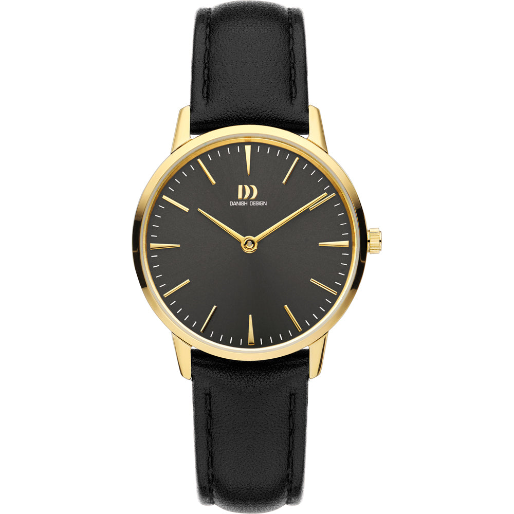 Uhr mit schwarzem Zifferblatt, goldfarbenem Gehäuse und schwarzem Lederarmband
