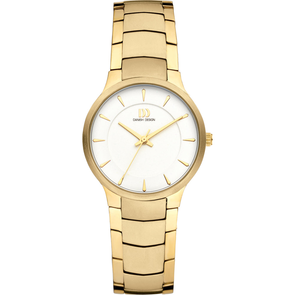 Dame-Uhr mit goldfarbenem Gehäuse, goldfarbenem Armband und weißem Zifferblatt