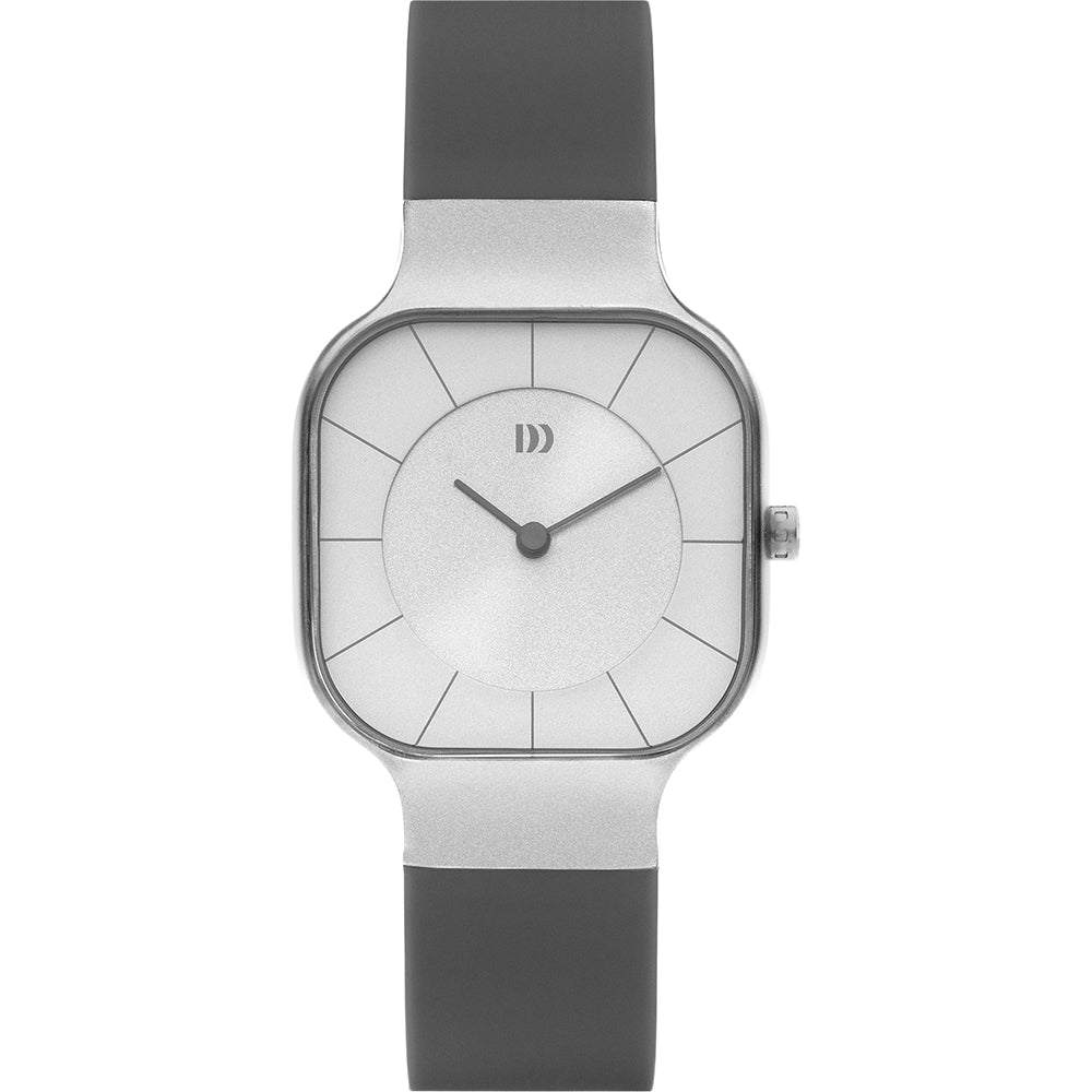 Uhr mit quadratischem Gehäuse, silbernem Zifferblatt und grauem Silikonarmband