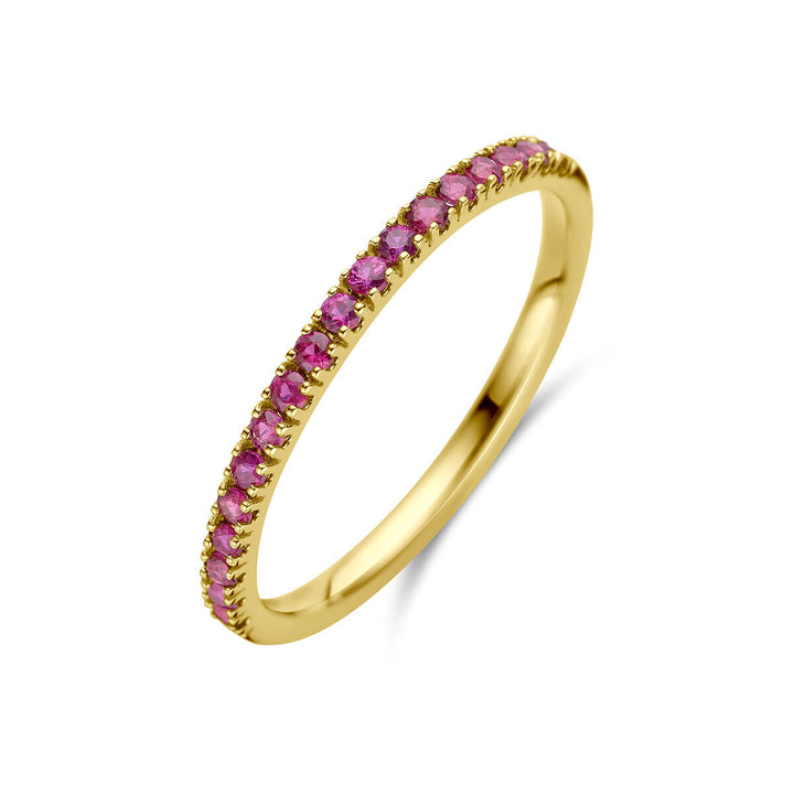 De Van der Kooij Collectie ring met geboortesteen robijn juli 14K geelgoud heeft kleine ronde robijn edelsteentjes gezet langs de bovenste helft van een delicate gouden band, afgebeeld op een witte achtergrond.
