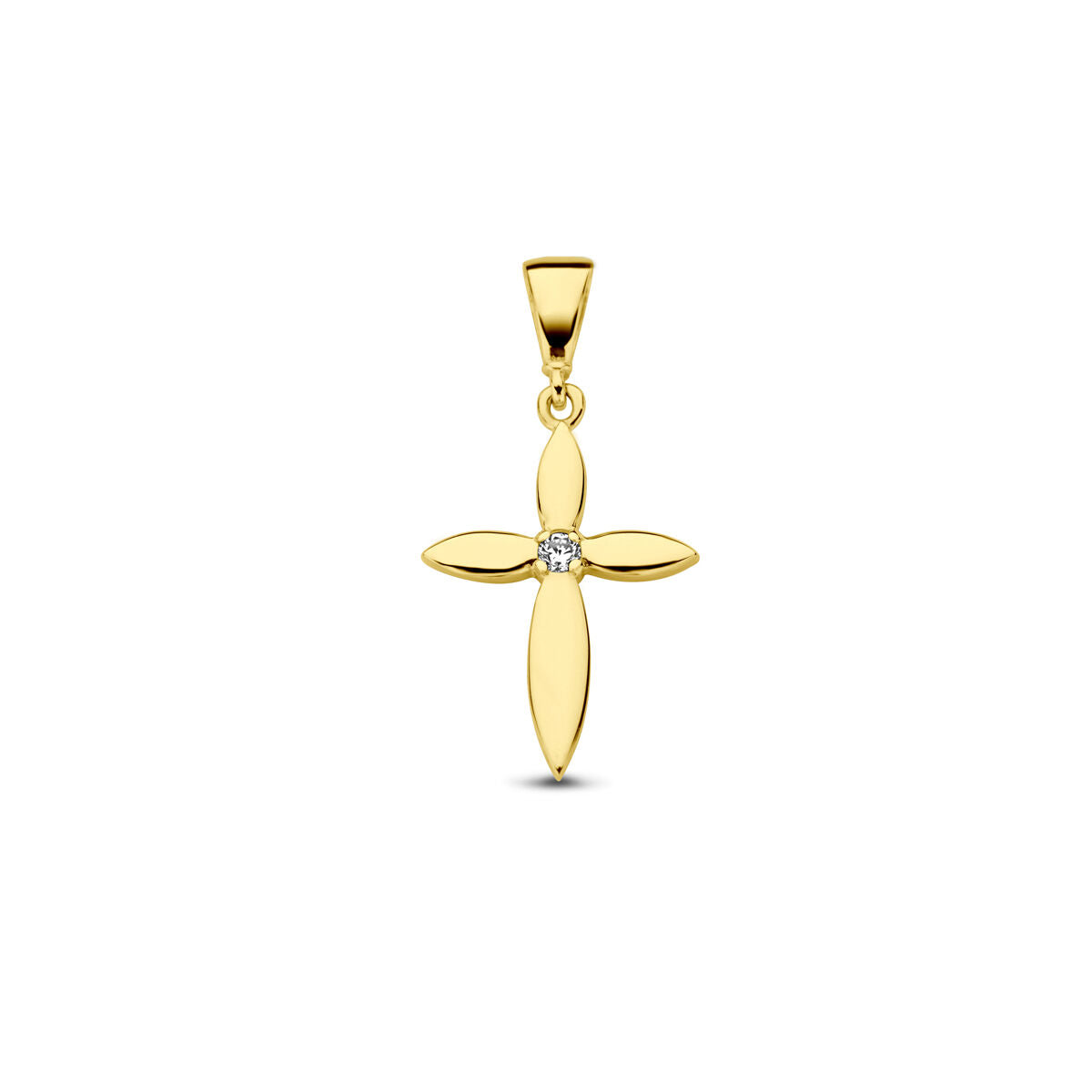 Hänger in Form eines Kreuzes aus 14K Gelbgold mit einem Zirkonia in der Mitte