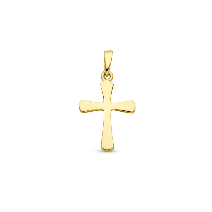 De Van der Kooij Collectie hanger kruis 14K geelgoud, met sierlijk uitlopende uiteinden, afgebeeld op een witte achtergrond-een elegante accessoire dat geloof en spiritualiteit uitdrukt.