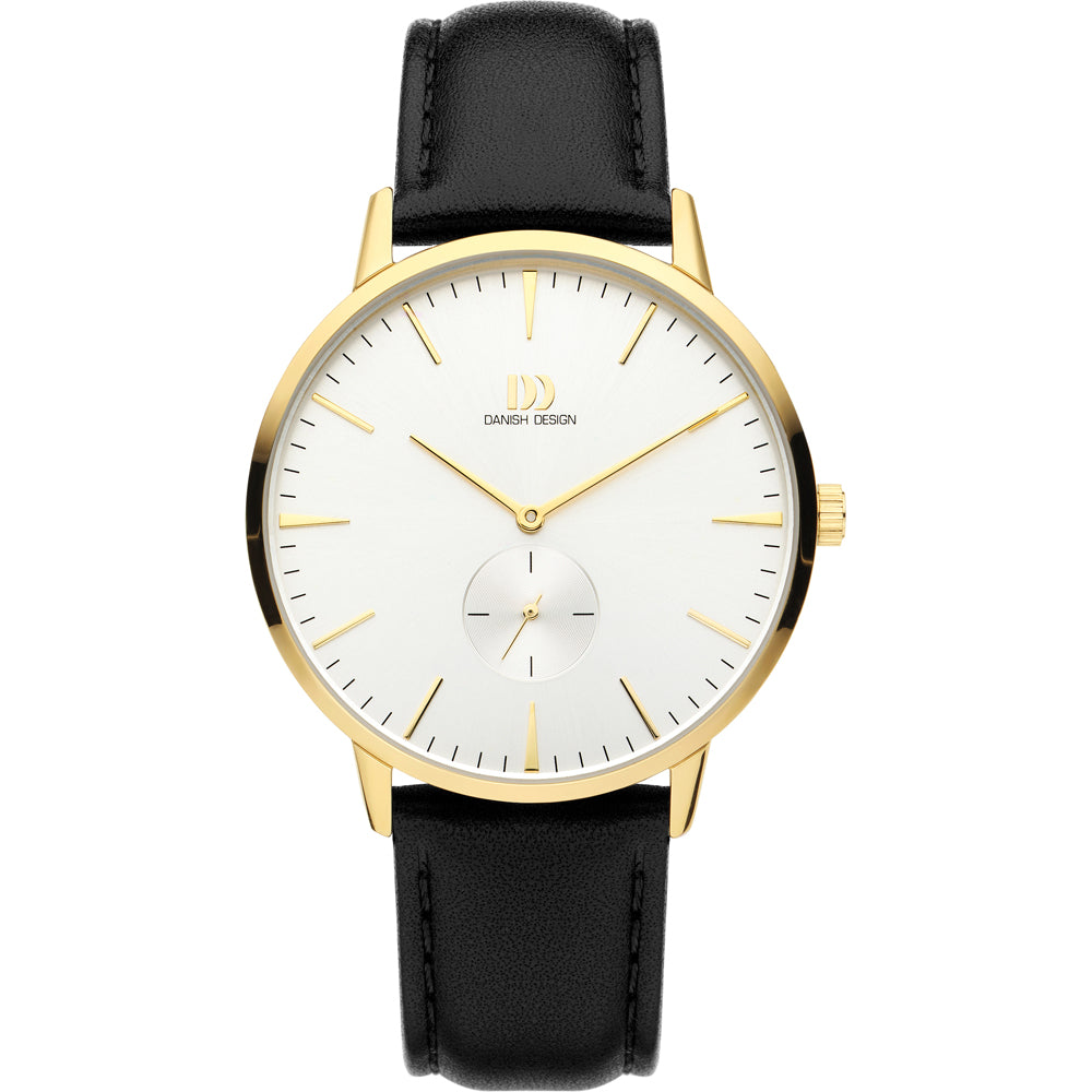 Herrenarmbanduhr mit goldfarbigem Gehäuse, weißem Zifferblatt und schwarzem Lederarmband