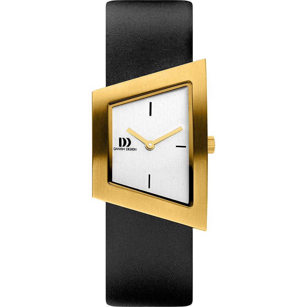 Uhr mit quadratischem Gehäuse in Gold, weißem Zifferblatt und schwarzem Lederarmband