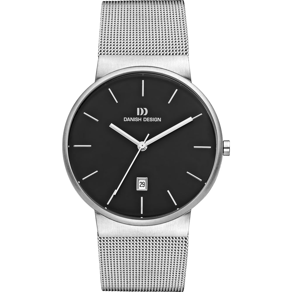 Herrenarmbanduhr mit schwarzem Zifferblatt, silbernem Gehäuse und Mesh-Armband, Datumsanzeige integriert