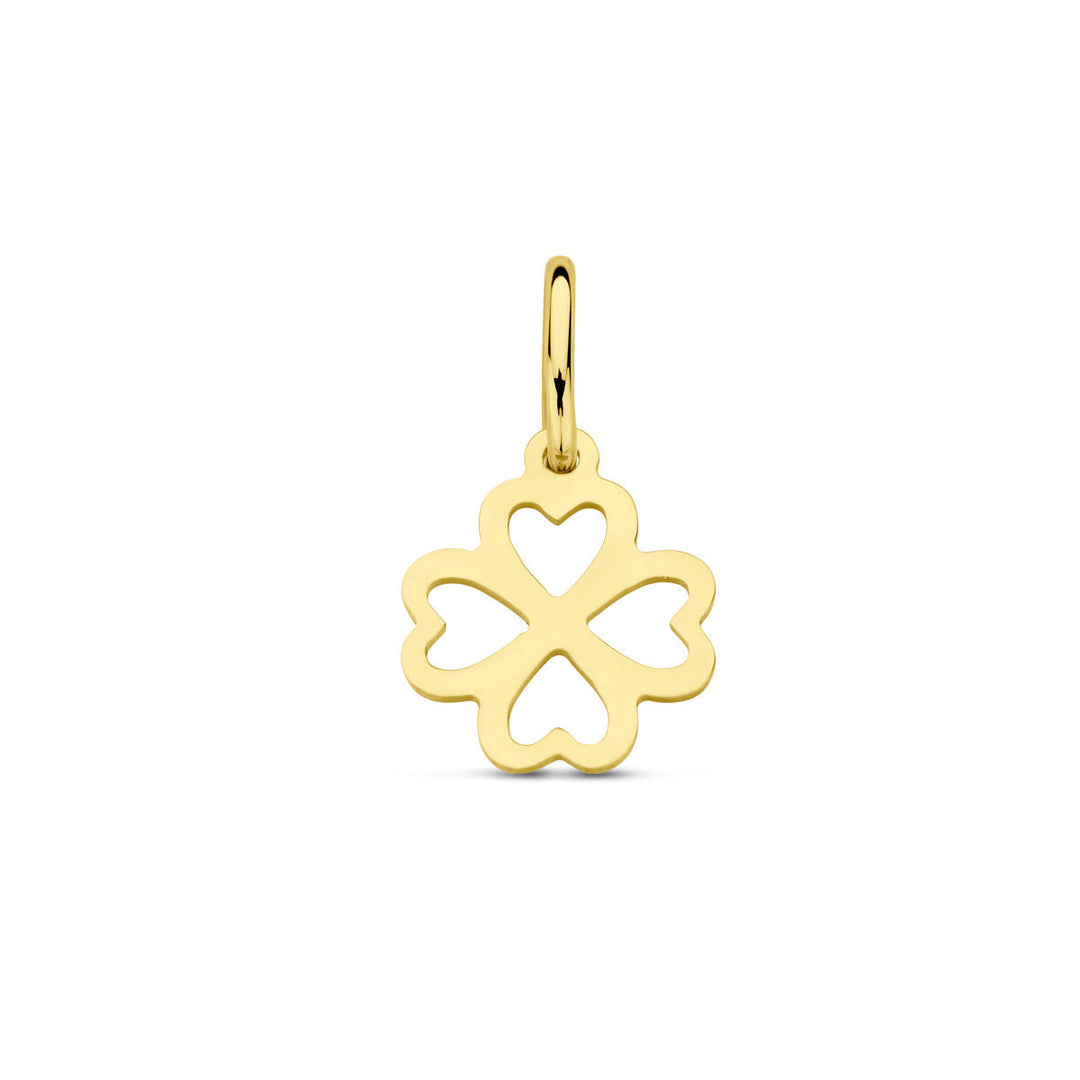 De hanger klaver 14K geelgoud van Van der Kooij Collectie is een klavertje vier hanger met open hartcontouren, symbool voor geluk en voorspoed, en voorzien van een lus om aan je favoriete ketting te bevestigen.