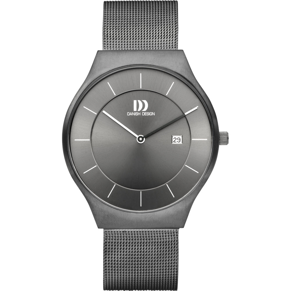 Uhr mit grauem Zifferblatt, grauem Gehäuse und grauem Mesh-Armband, Datumsanzeige bei 3 Uhr