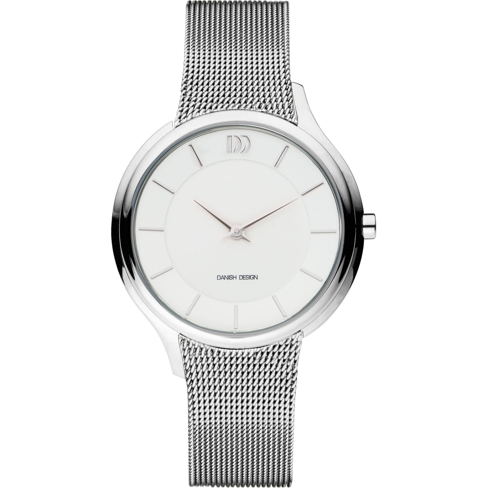 Uhr mit silbernem Gehäuse, weißem Zifferblatt und silbernem Mesh-Armband
