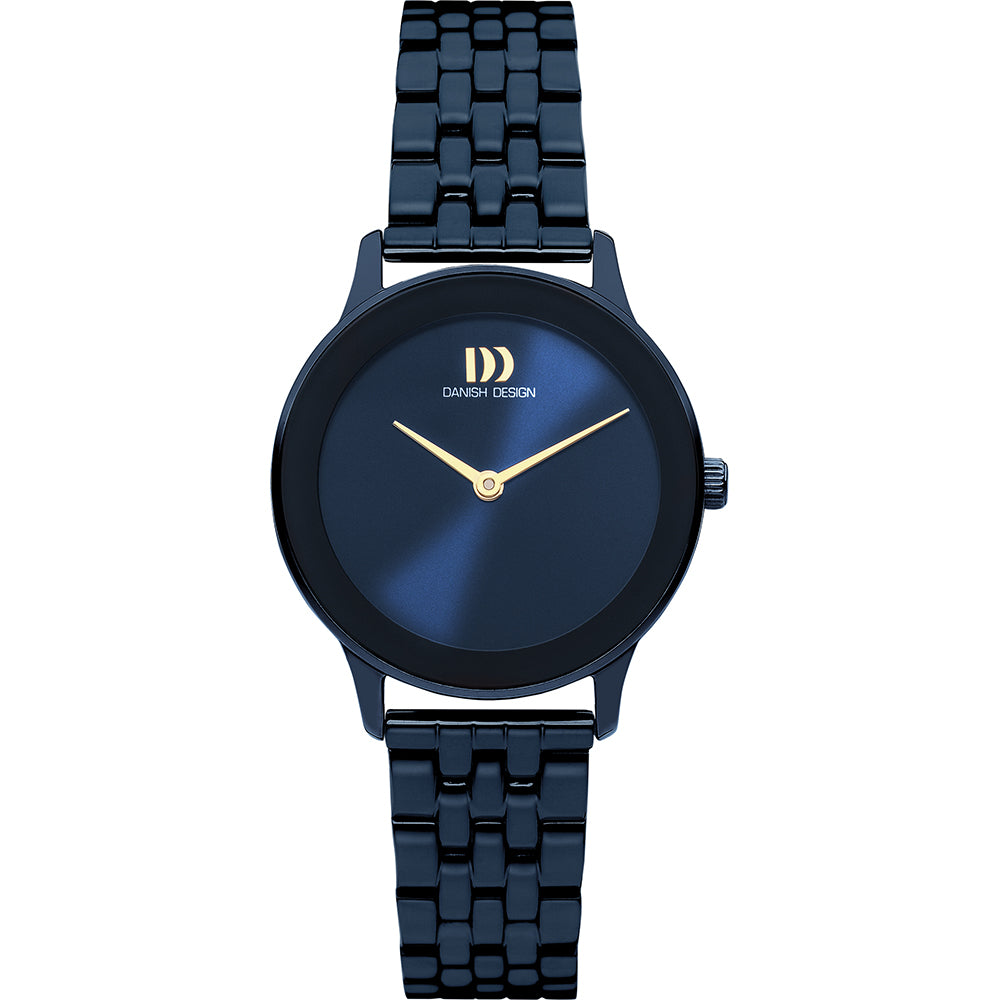Dameuhr mit schwarzem Gehäuse, blauem Zifferblatt und goldenen Zeigern, Metallarmband