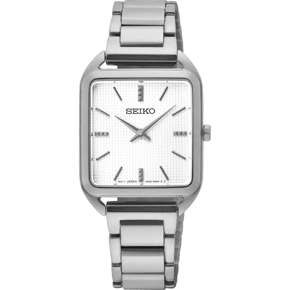 Damenarmbanduhr von Seiko mit quadratischem Gehäuse, silbernem Armband und weißem Zifferblatt