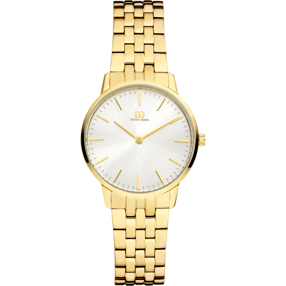 Uhr mit goldenem Gehäuse, silbernem Zifferblatt und goldenem Armband aus Gliedern