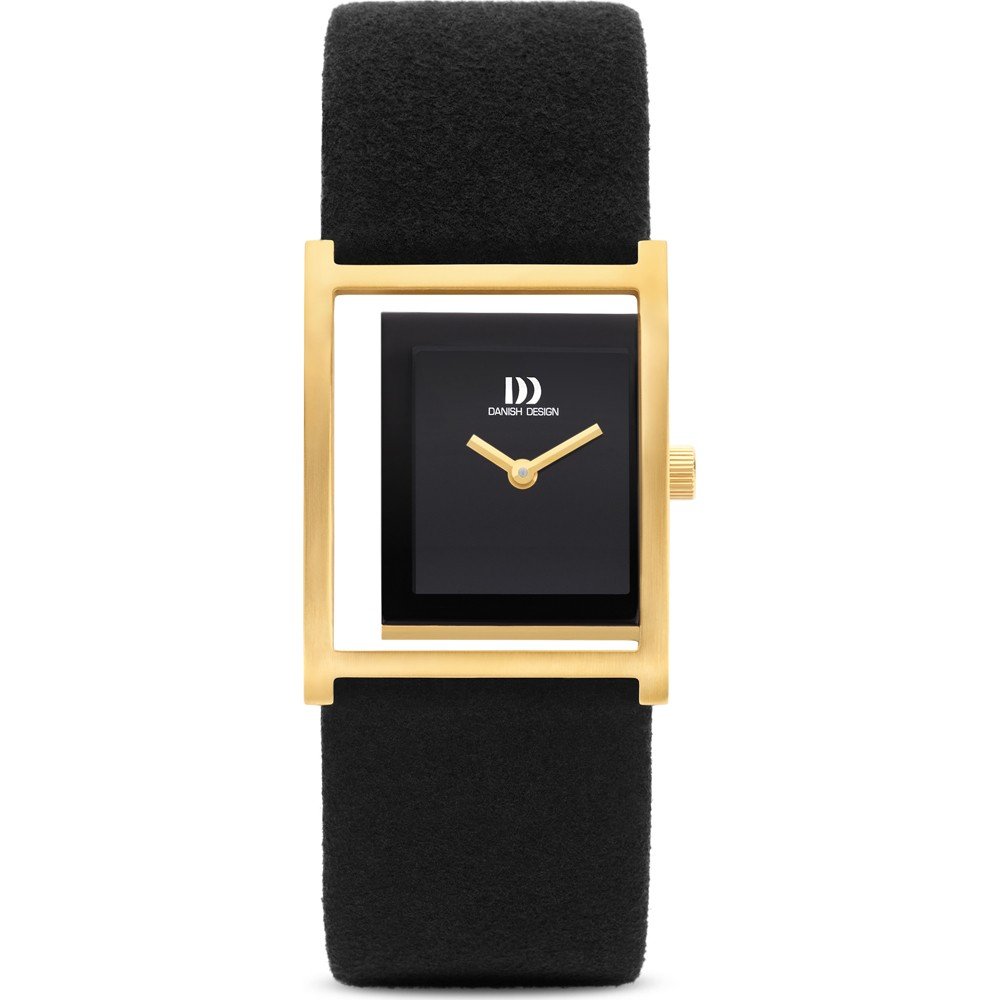 Damenarmbanduhr mit schwarzem Zifferblatt und schwarzem Lederarmband, Gehäuse in Goldfarbe