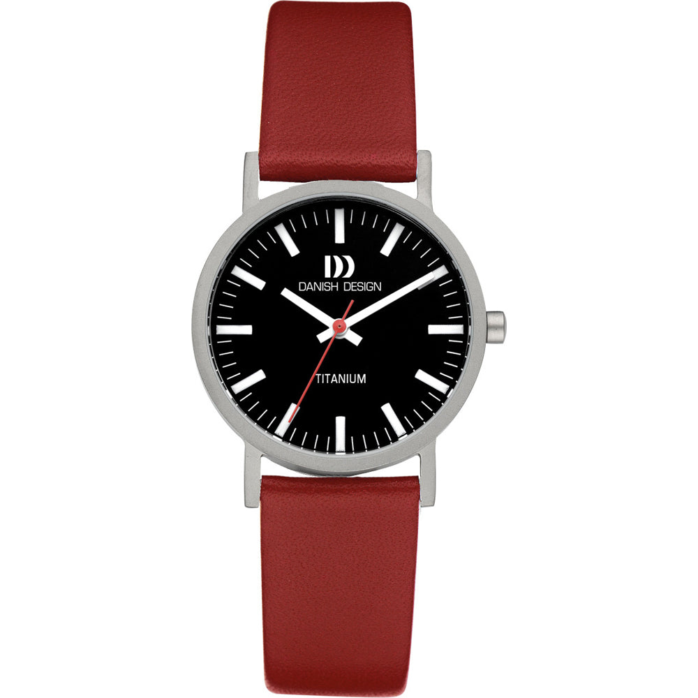 Damenarmbanduhr mit schwarzem Zifferblatt, rotem Lederarmband und titanium Gehäuse