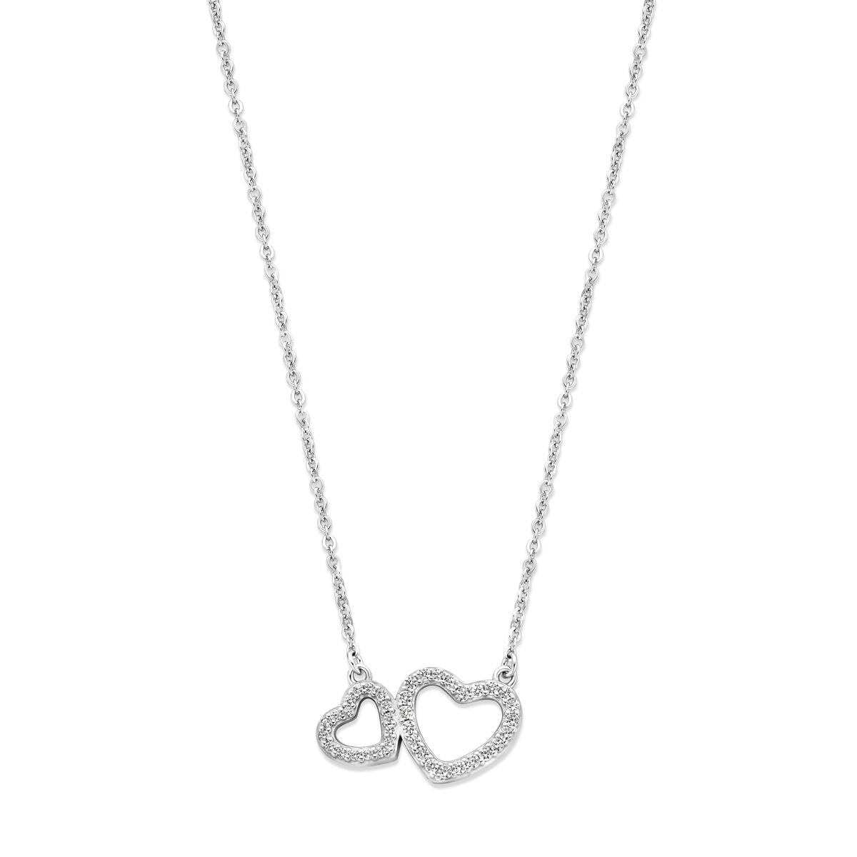 Halskette aus rhodiniertem Silber mit zwei Herzen und Zirkonia-Steinen