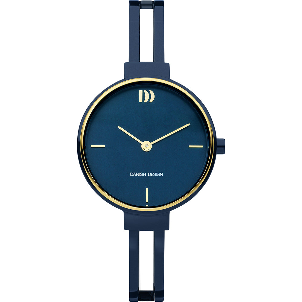 Dameuhr mit blauem Zifferblatt und goldfarbenem Gehäuse, elegantes Armband aus Metall.