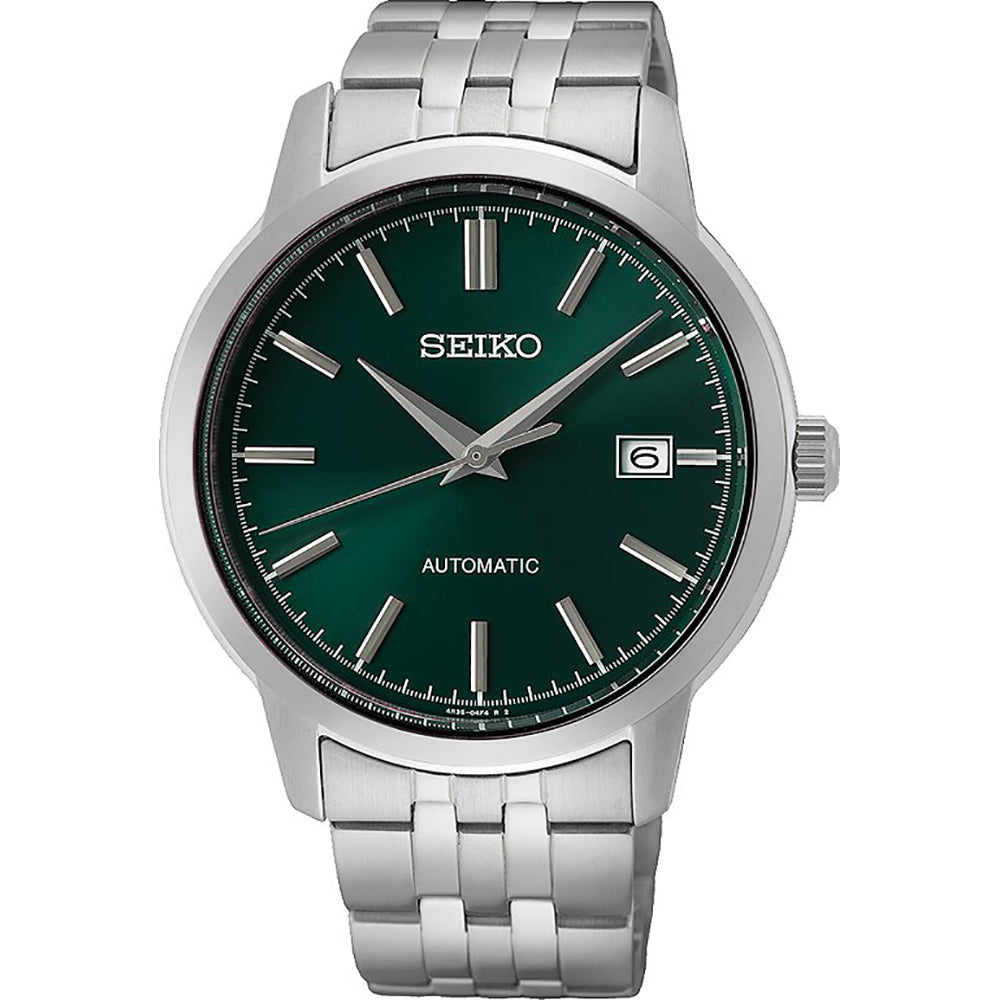 Het Seiko heren horloge SRPH89K1 heeft een groene wijzerplaat met zilveren uurmarkeringen, een datumvenster op 3 uur en strakke zilveren wijzers. Het bevat een roestvrijstalen schakelband en biedt 10ATM waterbestendigheid.