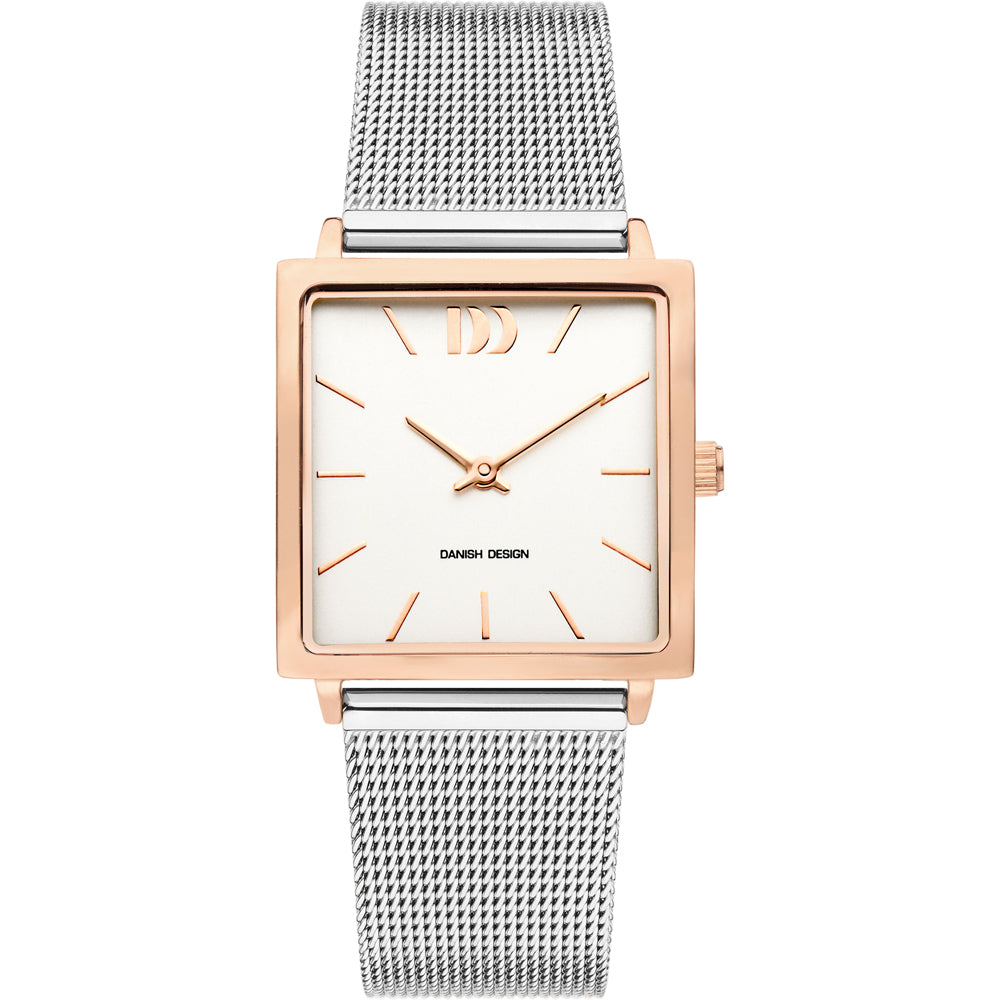 Uhr mit quadratischem Gehäuse, weißem Zifferblatt und roségoldenem Mesh-Armband