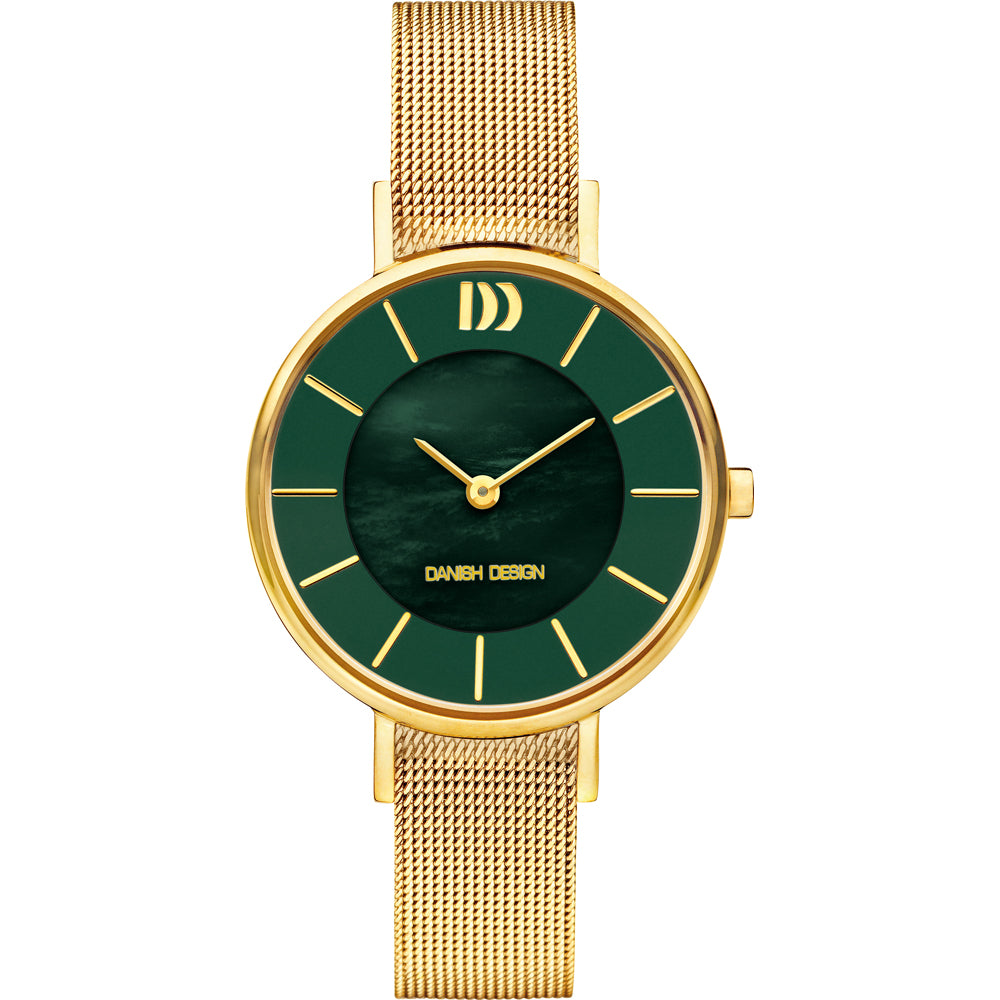Uhr mit grünem Zifferblatt, goldfarbenem Gehäuse und goldfarbenem Mesh-Armband