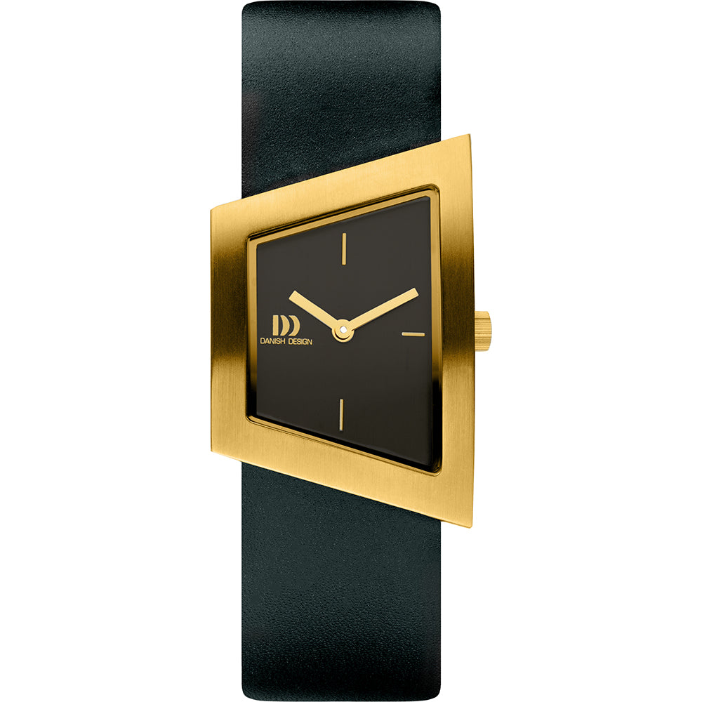 Schwarze Uhr mit quadratischem Gehäuse aus Gold, schwarzem Zifferblatt und schwarzem Lederarmband