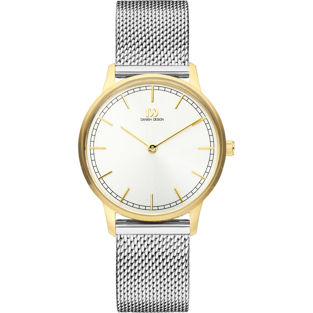 Uhr mit silbernem Mesh-Armband und goldenem Gehäuse, weißem Zifferblatt und goldenen Zeigern