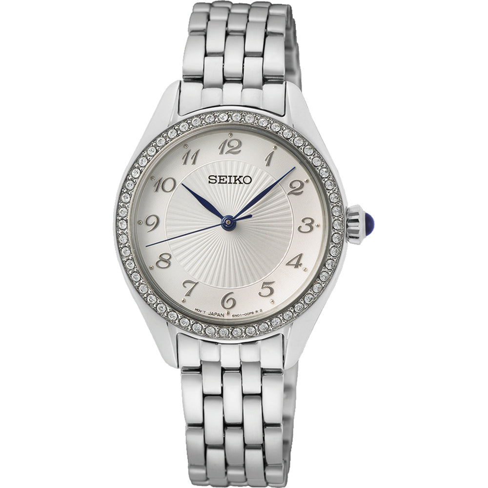 Damenarmbanduhr von Seiko mit silbernem Gehäuse, silbernem Zifferblatt und glitzernder Lünette