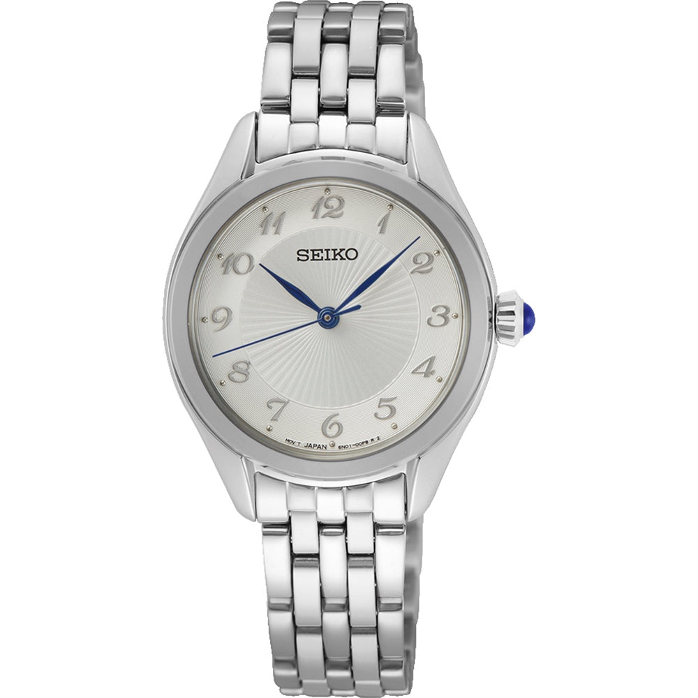 Damenarmbanduhr von Seiko mit silbernem Gehäuse, silbernem Zifferblatt und blauen Zeigern