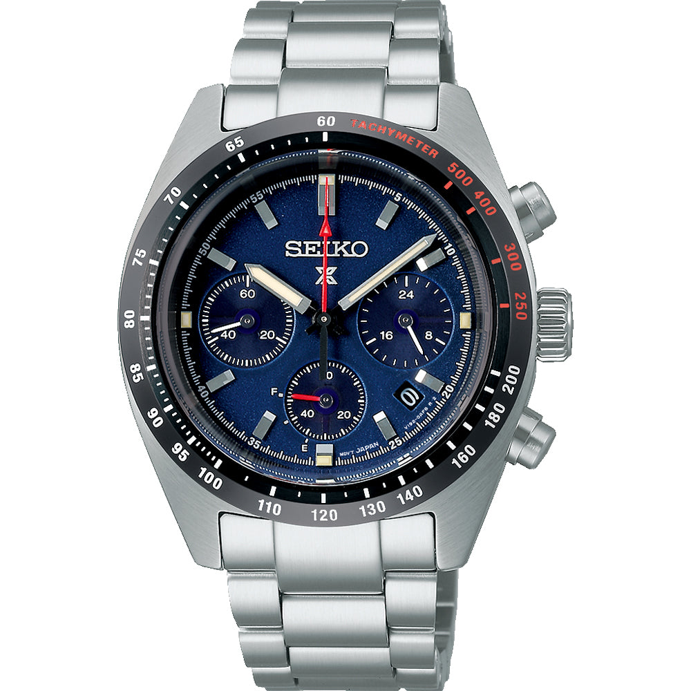 Herrenchronograph mit blauem Zifferblatt, silbernem Gehäuse und Edelstahlarmband