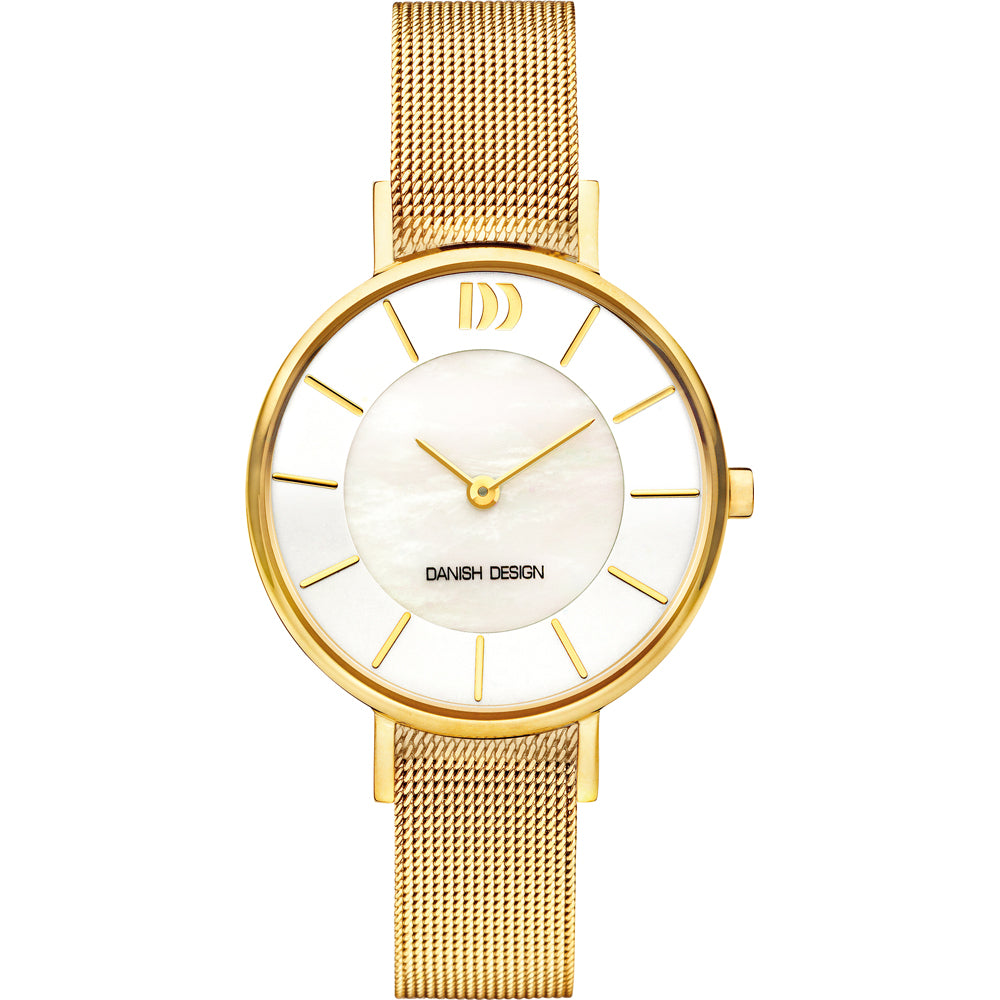 Dameuhr mit goldenem Mesh-Armband und weißem Zifferblatt mit goldenen Indexen