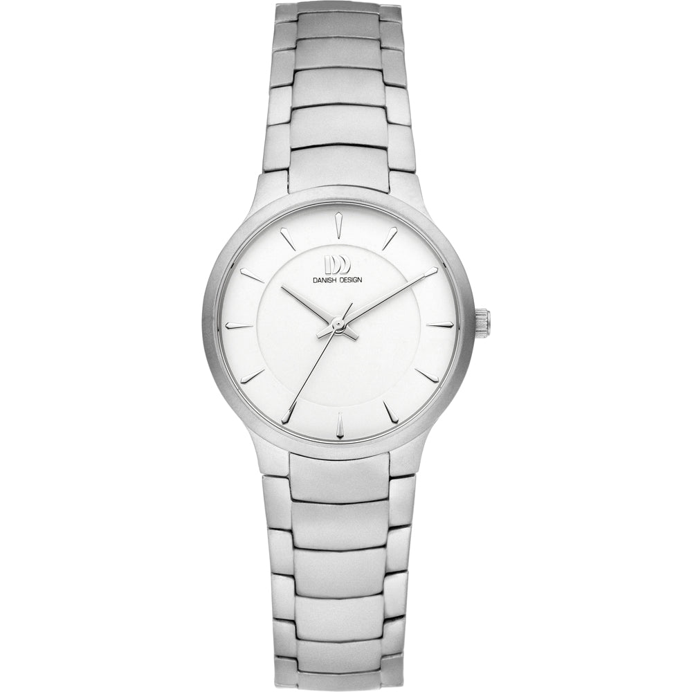 Uhr mit silbernem Gehäuse, silbernem Armband und weißem Zifferblatt