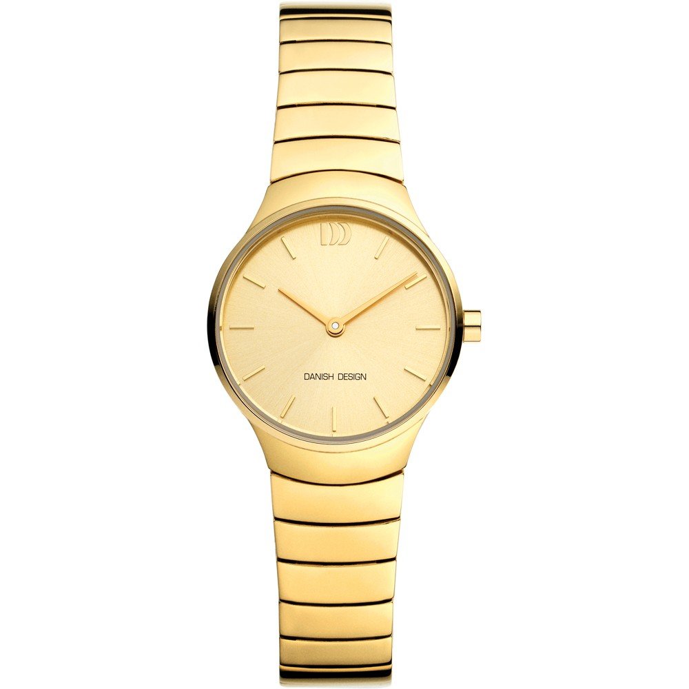 Dameuhr mit goldenem Gehäuse und goldenem Armband, mit goldenem Zifferblatt und minimalistischen Indizes