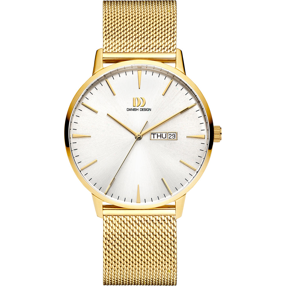 Uhr mit silbernem Zifferblatt, goldfarbenem Gehäuse und goldfarbenem Mesh-Armband