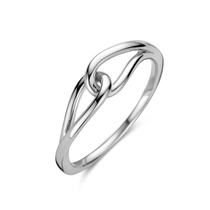De Van der Kooij Collectie ring zilver gerhodineerd is een minimalistische 925 zilveren ring met een open knoopontwerp, vervaardigd uit gerhodineerd zilver voor een gepolijste, moderne look, weergegeven op een effen witte achtergrond.